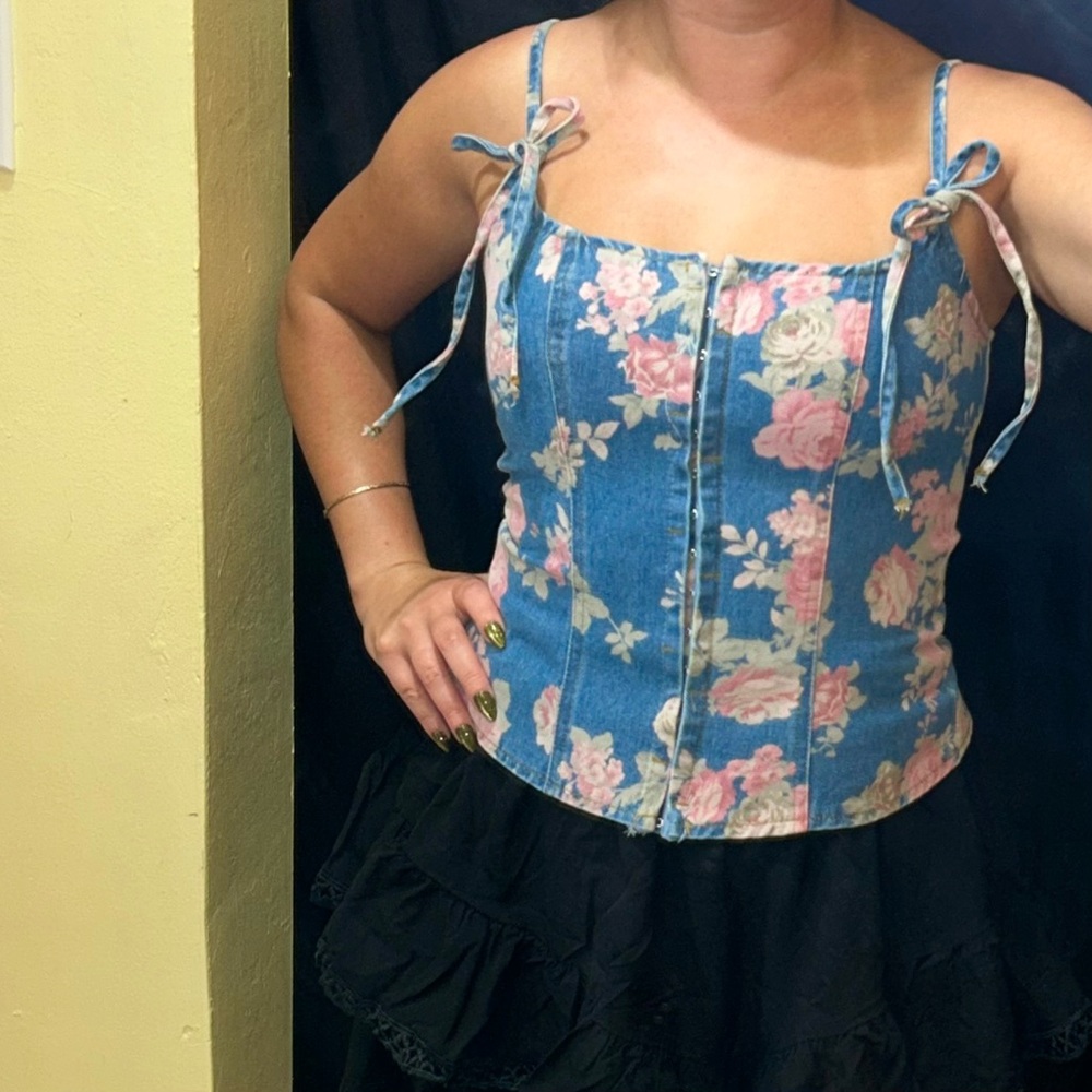 Missguided Small Y2K Floral Denim Corset Top Shoulder Ties Smocked Back